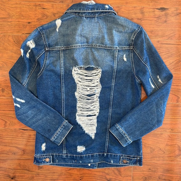 BBJ Total Destruction Oversized Denim Dark Wash Distressed Jean Jacket - Picture 8 of 9